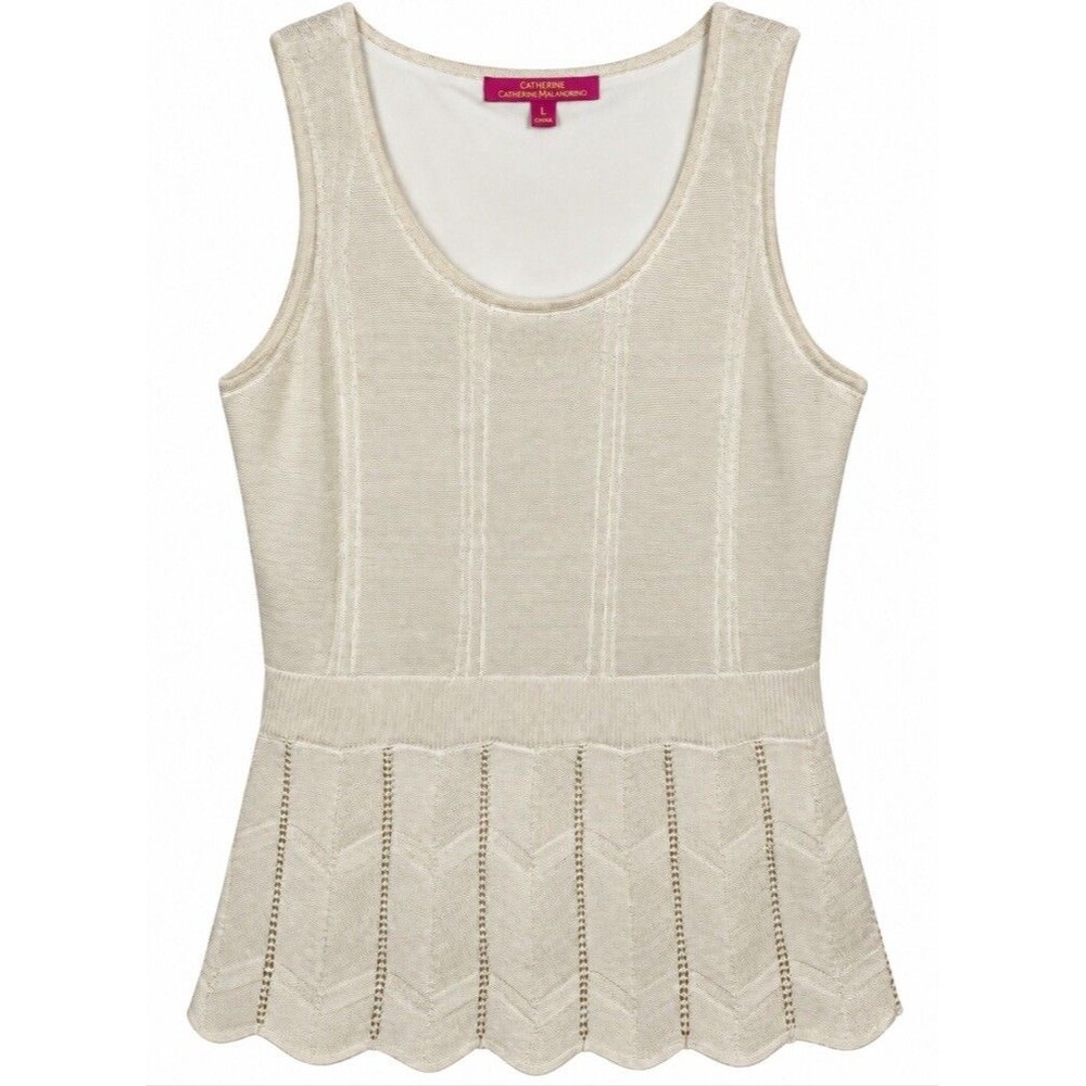 Catherine Malandrino Sweater L Ivory Sleeveless Scalloped Hem Peplum Knit Lined